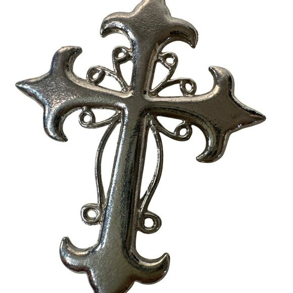 Silver Tone Cross Pendant With Crystal Rhinestones & Black Accents Religious - Picture 2 of 3